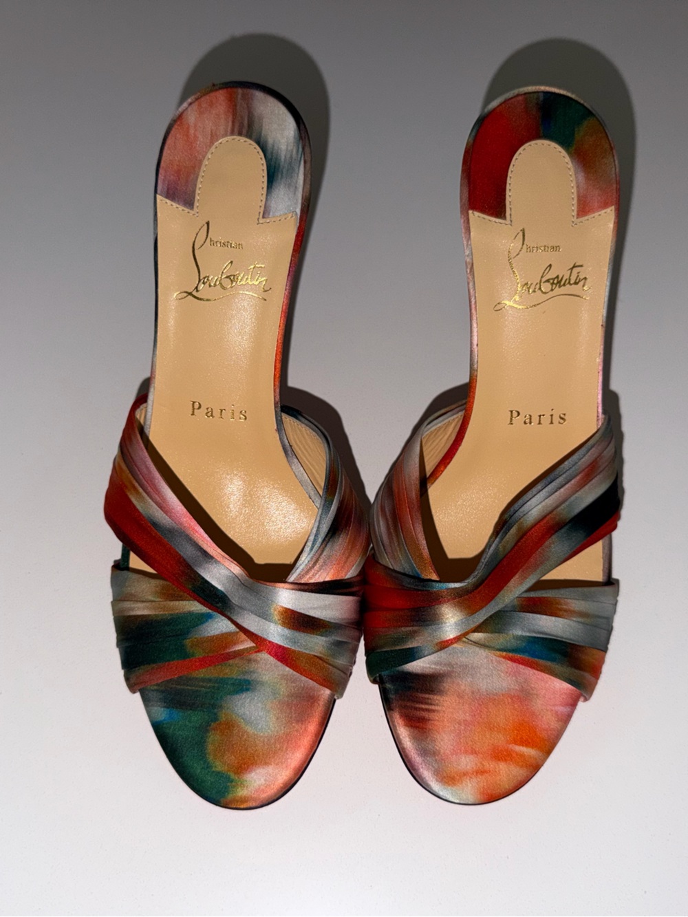 Christian Louboutin Multicolor Satin Twist Slide Mules with Red Sole - Picture 2 of 4